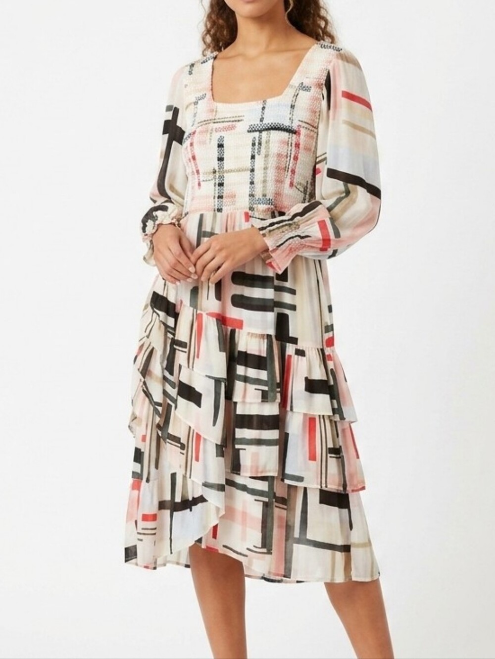 JessaKae Long Balloon Sleeve Smocked Squareneck Ruffled Midi Dress 1XL Abstract